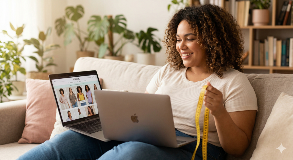 A confident plus size woman smiles warmly while shopping online and holding a measuring tape in a sunlit living room.