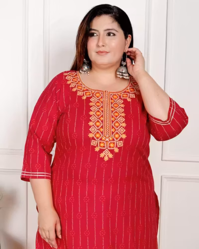 Meesho Steal: ₹638 Red Embroidered Cotton Kurti for Plus Size