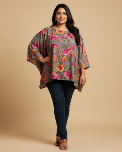 Angoori Grey Floral Top: Chic Western Wear for Curvy Women