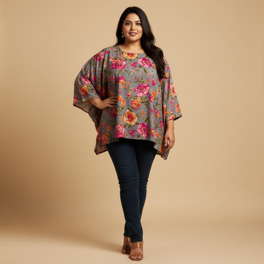 Angoori Grey Floral Top: Chic Western Wear for Curvy Women