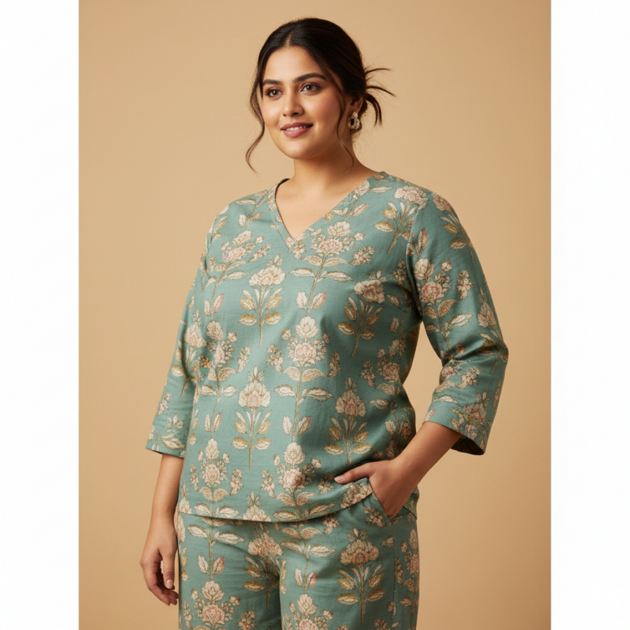 Bee M Pee Designer V-Neck Cotton Blend Plus Size Coord Set