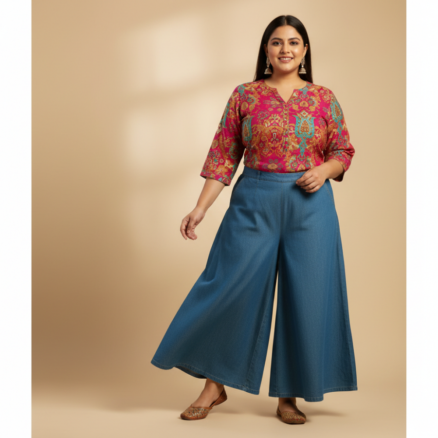 Comfy BENKILS Denim Palazzo Pants for Curvy Indian Women