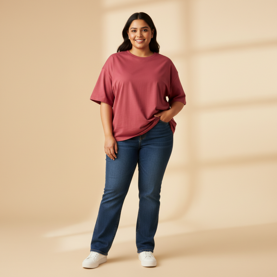 In Love Pinkish Red Oversized Cotton T-Shirt for Plus Size Comfort