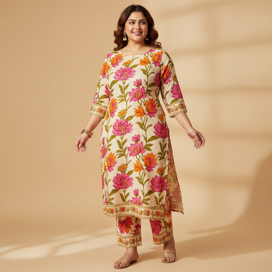INDO ERA Floral Cotton Kurta Set: Your New Plus Size Summer Go-To
