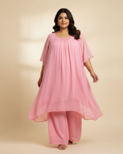 Janasya Pink Chiffon A-Line Co-ord Set for Plus Size Style