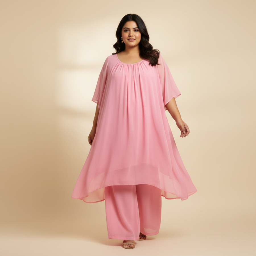 Janasya Pink Chiffon A-Line Co-ord Set for Plus Size Style
