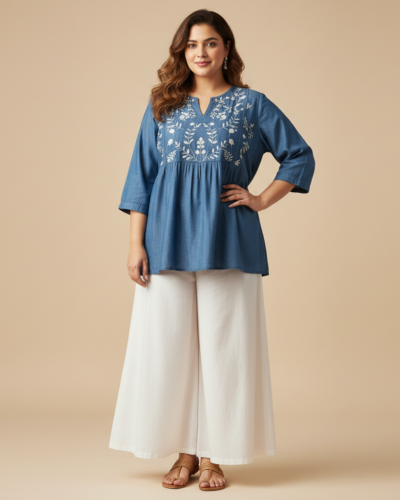 MAAHI Plus Size Embroidery Top: Denim Chic for Curvy Girls
