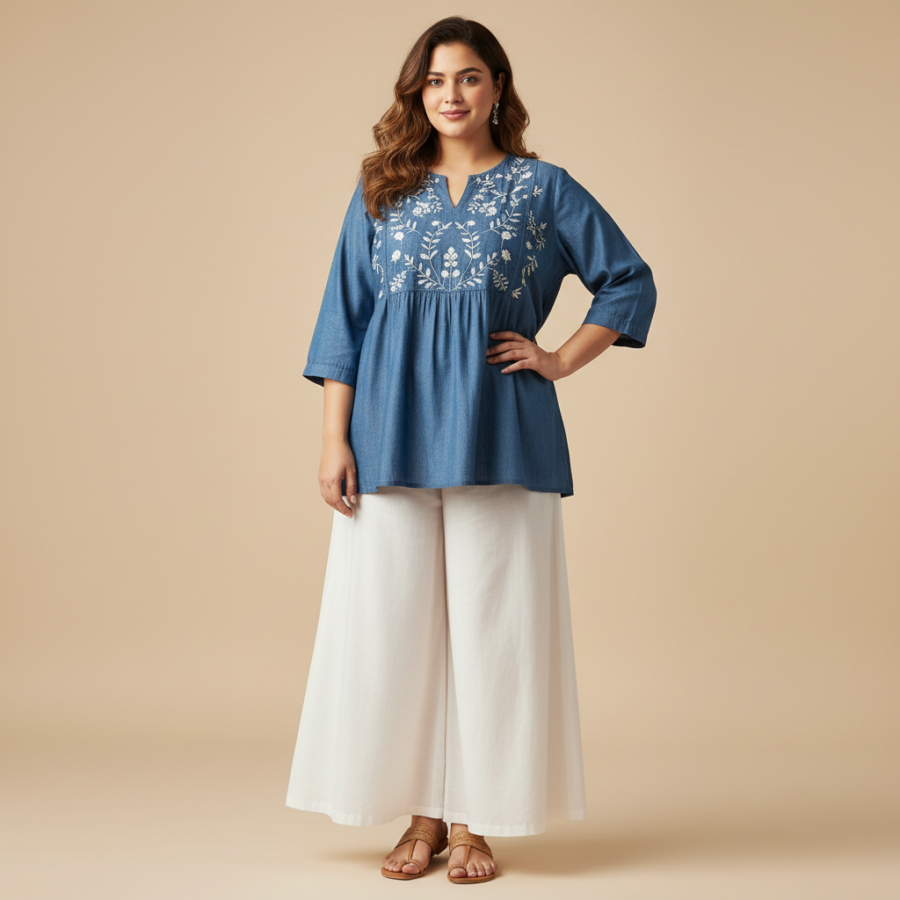 MAAHI Plus Size Embroidery Top: Denim Chic for Curvy Girls