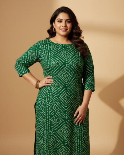 Miravan’s Green Bandhani Boat Neck Kurti: Your Plus Size Steal!