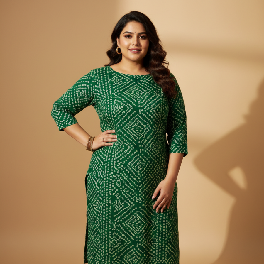 Miravan’s Green Bandhani Boat Neck Kurti: Your Plus Size Steal!