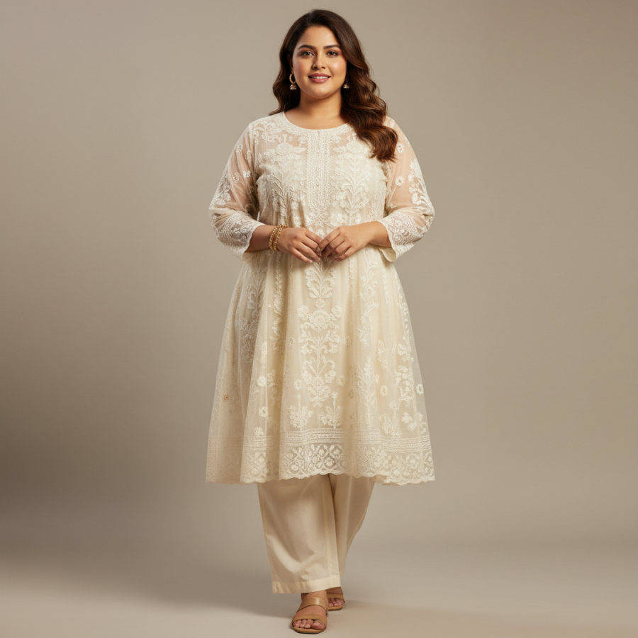 Myx Chikankari Organza Kurta Set: Plus Size Style at 54% Off!
