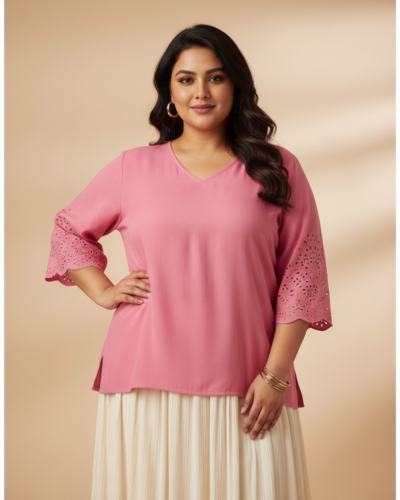 Pink V-Neck Laser Cut Top for Curvy Indian Women