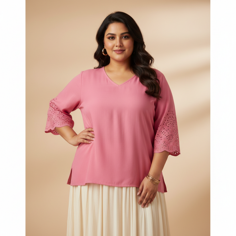 Pink V-Neck Laser Cut Top for Curvy Indian Women