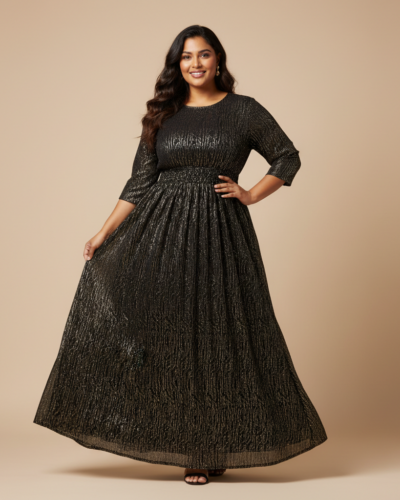 Shine Bright: The Pink Moon Plus Size Black & Gold Dress