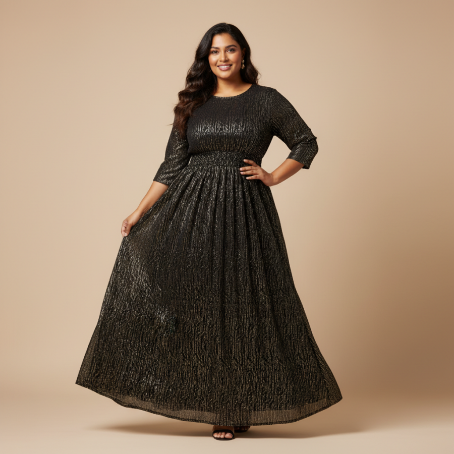 Shine Bright: The Pink Moon Plus Size Black & Gold Dress