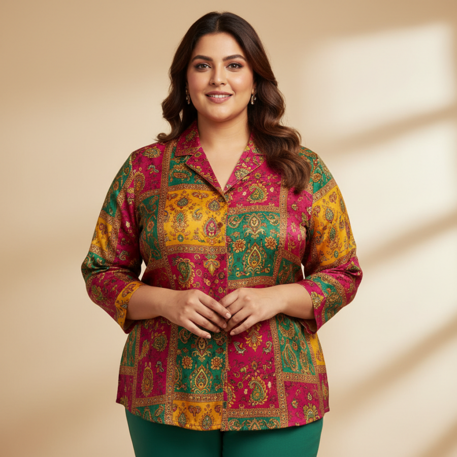 Studio Rasa Plus Size Silk Blend Top: Festive Ready!