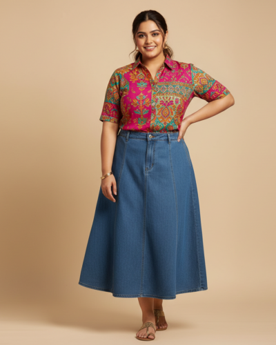 Symbol A-Line Denim Skirt: Plus Size Midi for Curvy Women
