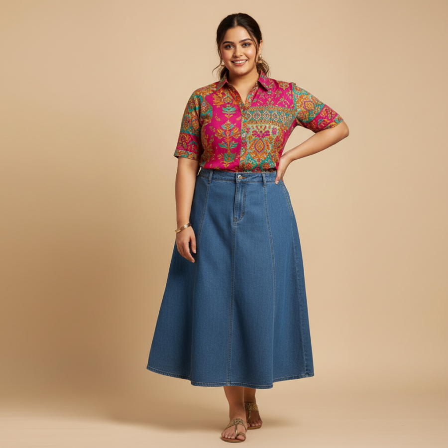 Symbol A-Line Denim Skirt: Plus Size Midi for Curvy Women