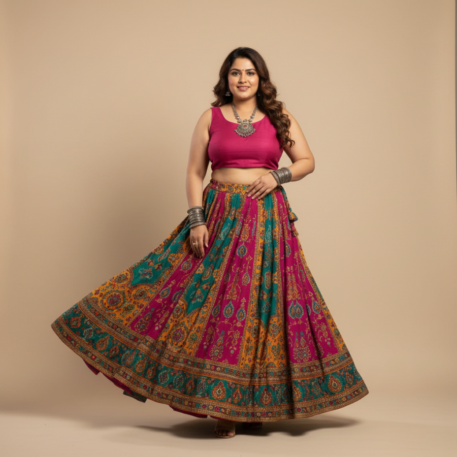 Vibrant Rajasthani Jaipuri Print Long Skirt for Curvy Gals