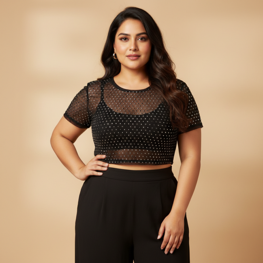 Wild U Black Studded Crop Top: Sparkle in Plus Size Style